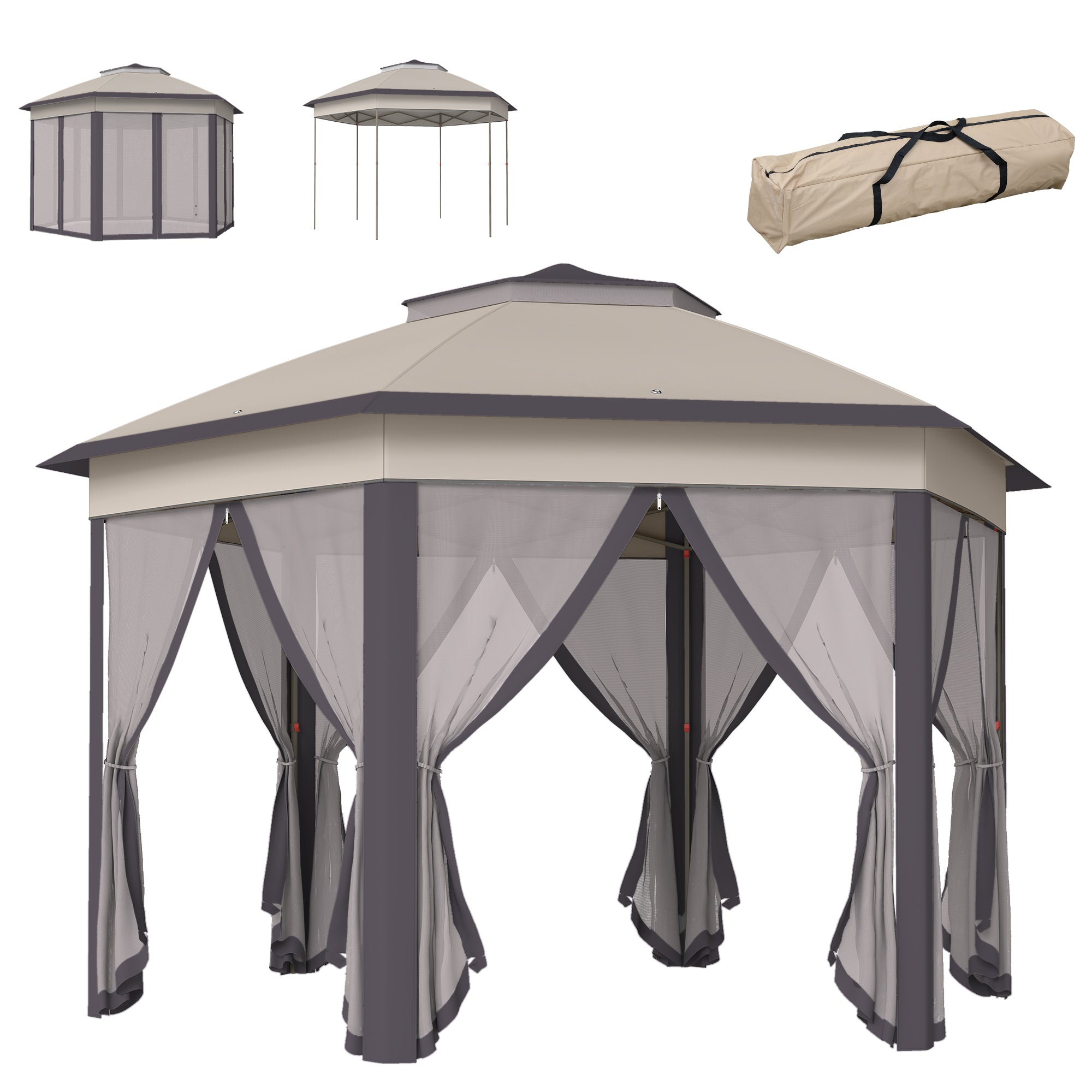 3 X 4m Garden Gazebo Hexagon Pop Up Gazebo Party Tent Canopy Double Roof Instant Shelter With Netting And Carry Bag For Outdoor Patio, Beige