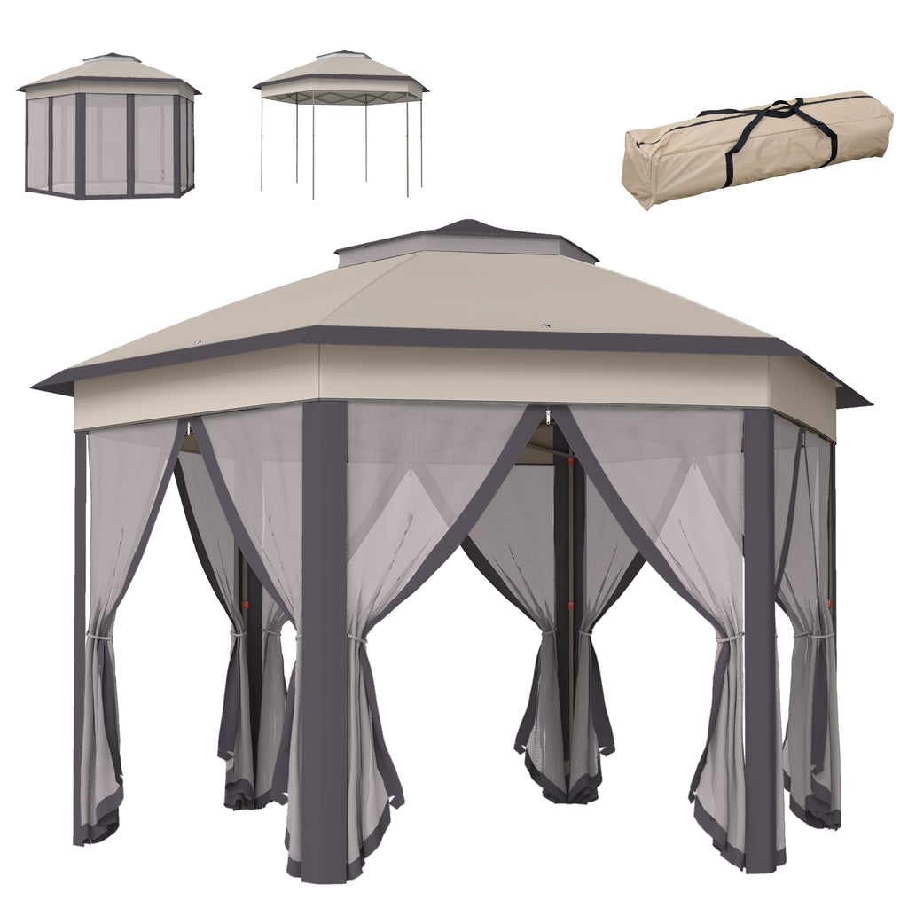 3 X 4m Garden Gazebo Hexagon Pop Up Gazebo Party Tent Canopy Double Roof Instant Shelter With Netting And Carry Bag For Outdoor Patio, Beige