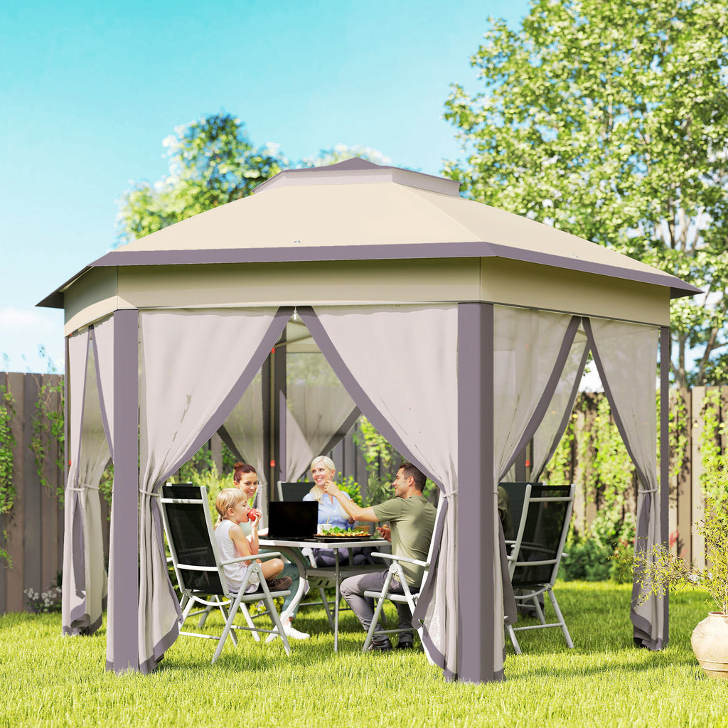 3 X 4m Garden Gazebo Hexagon Pop Up Gazebo Party Tent Canopy Double Roof Instant Shelter With Netting And Carry Bag For Outdoor Patio, Beige