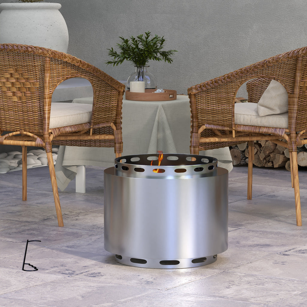 Smokeless Fire Pit, 48.5cm Portable Wood Burning Firepit With Poker For Garden Camping Bonfire Party, Stainless Steel, Silver