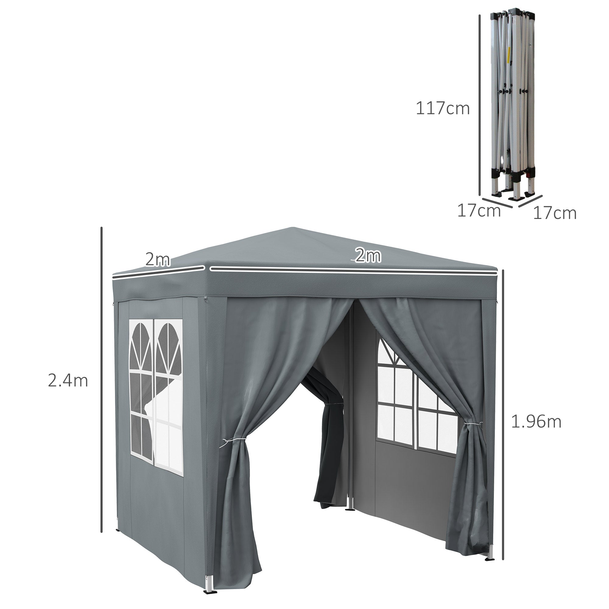Garden Pop Up Gazebo Marquee Party Tent Canopy With Free Carrying Case, Removable 2 Walls, 2 Windows, 2m X 2m, Grey