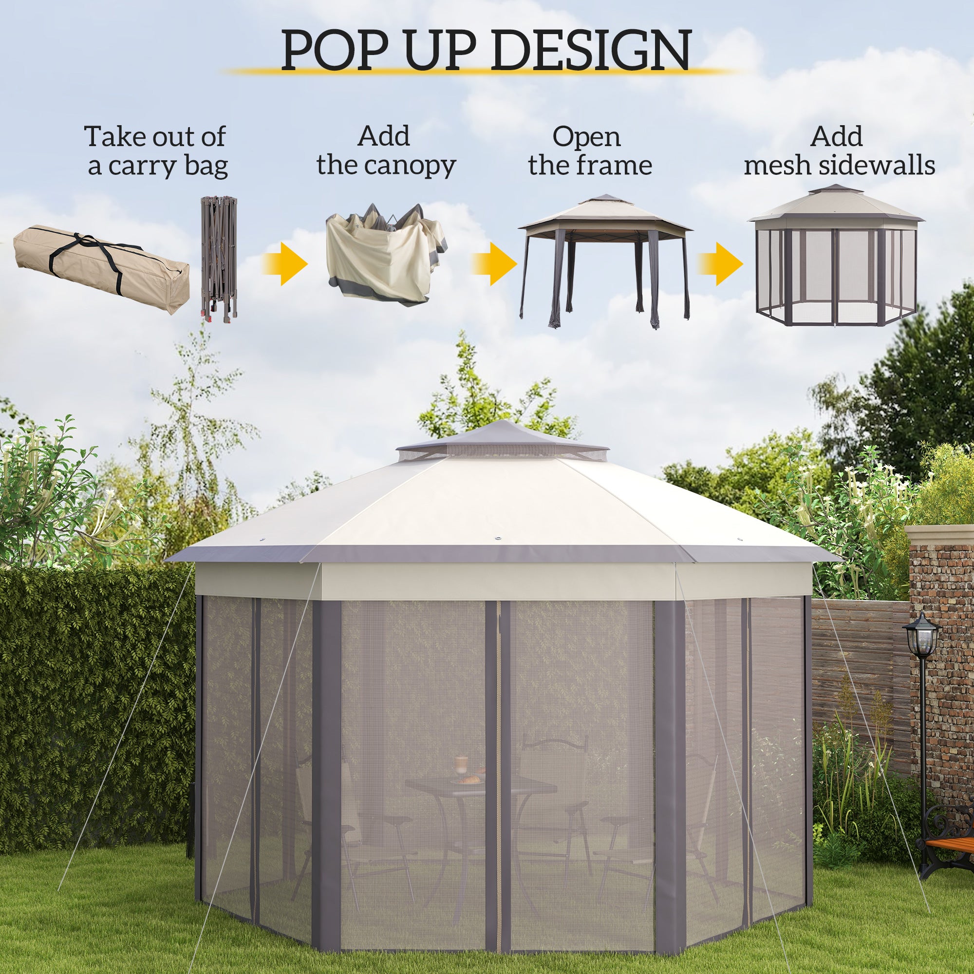 3 X 4m Garden Gazebo Hexagon Pop Up Gazebo Party Tent Canopy Double Roof Instant Shelter With Netting And Carry Bag For Outdoor Patio, Beige