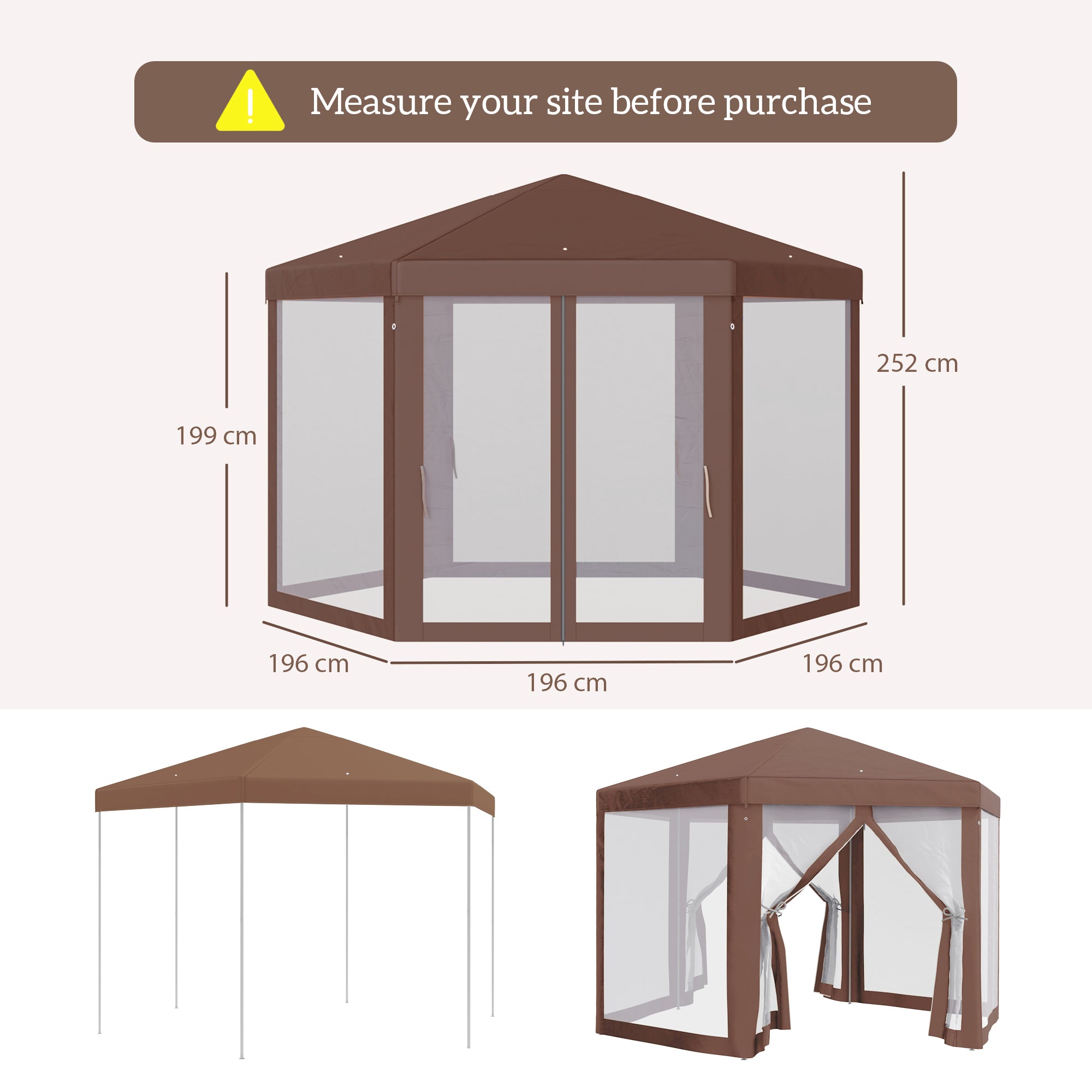 Hexagonal Garden Gazebo Patio Party Outdoor Canopy Tent Sun Shelter With Mosquito Netting And Zipped Door, Brown