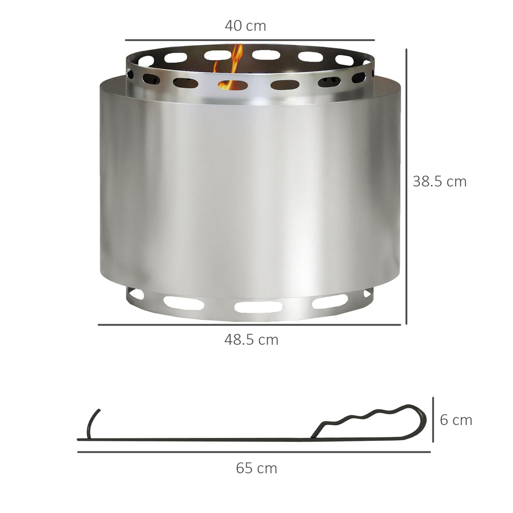 Smokeless Fire Pit, 48.5cm Portable Wood Burning Firepit With Poker For Garden Camping Bonfire Party, Stainless Steel, Silver