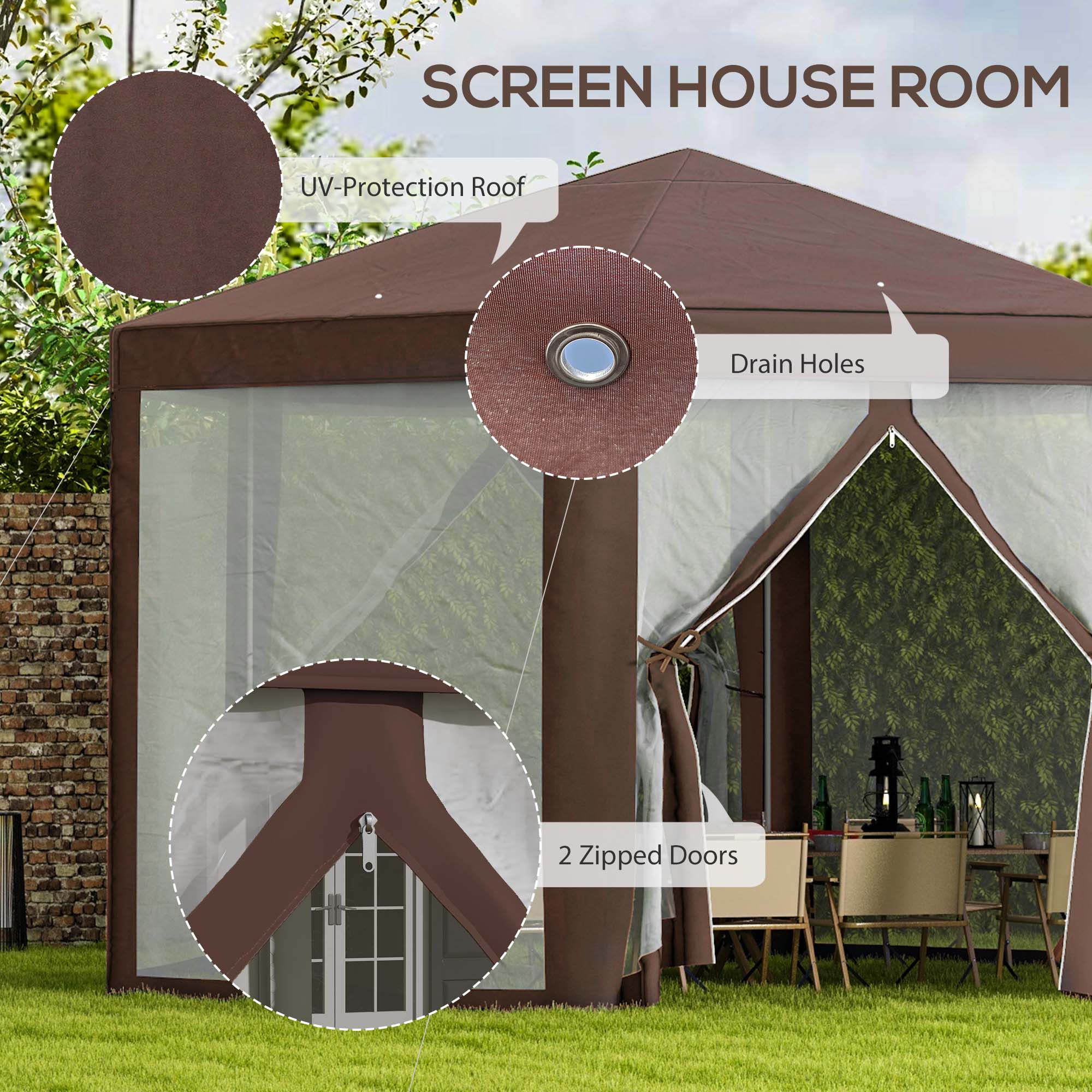 Hexagonal Garden Gazebo Patio Party Outdoor Canopy Tent Sun Shelter With Mosquito Netting And Zipped Door, Brown
