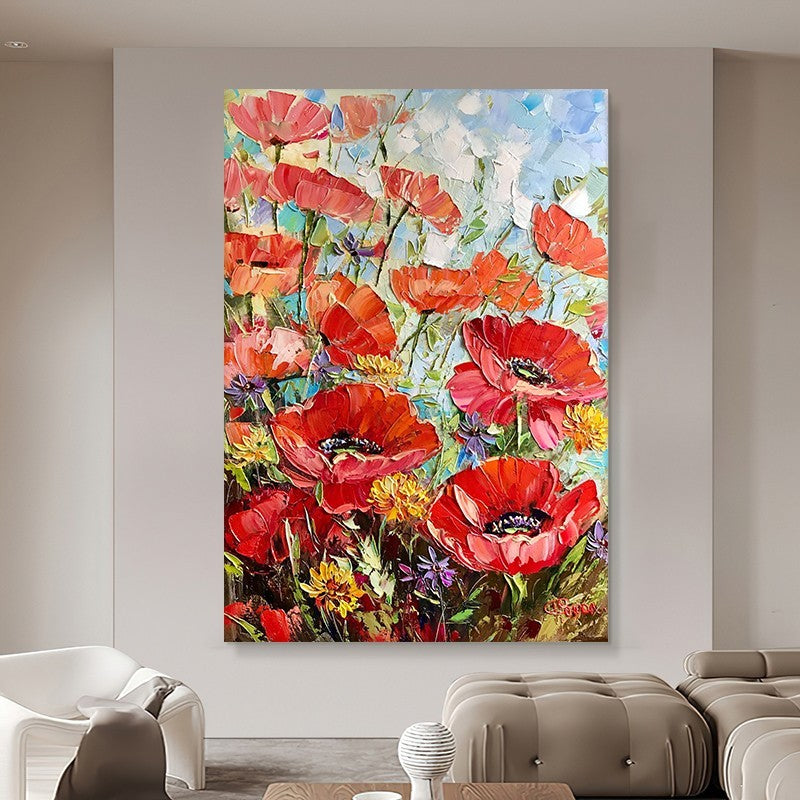 Handmade Painting Thick Oil Red Flowers Artwork Oil Paintings Living Room Canvas Modern Pictures Landscape Wall Art Home Living Room Decor No Framed