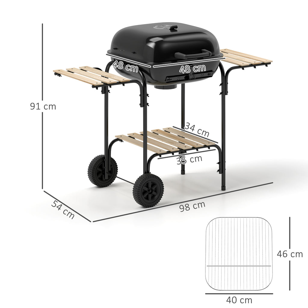 Charcoal Barbecue Grill Portable BBQ Grill With 1840 Cm² Cooking Area, 3 Shelves, Adjustable Vent, Lockable Lid, Wheels For Outdoor Cooking, Garden Party, Black
