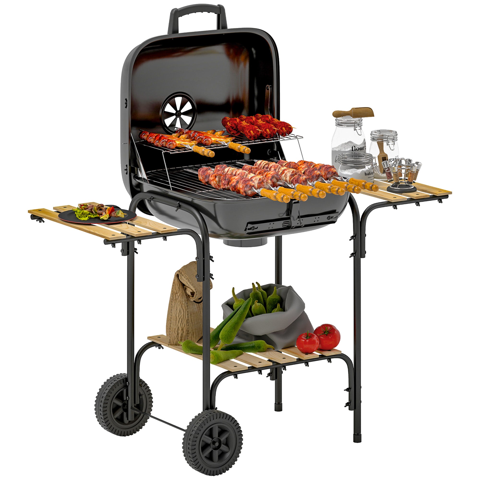 Charcoal Barbecue Grill Portable BBQ Grill With 1840 Cm² Cooking Area, 3 Shelves, Adjustable Vent, Lockable Lid, Wheels For Outdoor Cooking, Garden Party, Black