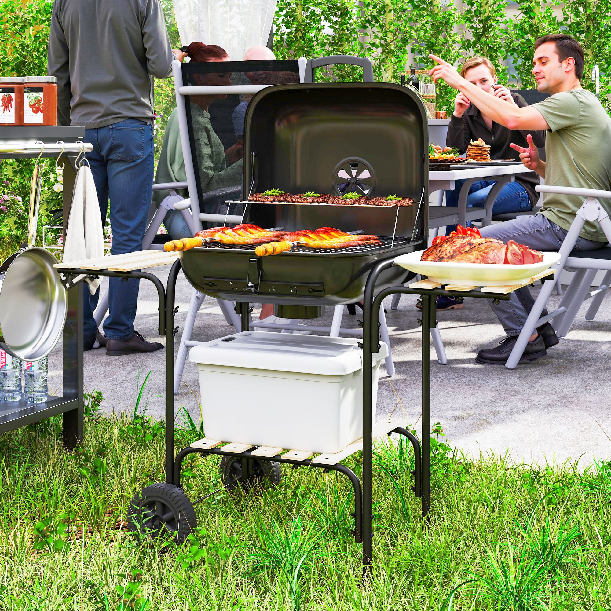 Charcoal Barbecue Grill Portable BBQ Grill With 1840 Cm² Cooking Area, 3 Shelves, Adjustable Vent, Lockable Lid, Wheels For Outdoor Cooking, Garden Party, Black