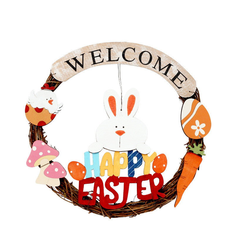 Wooden Rabbit Easter Egg Garland Pendant Wall Hanging Door Hanging