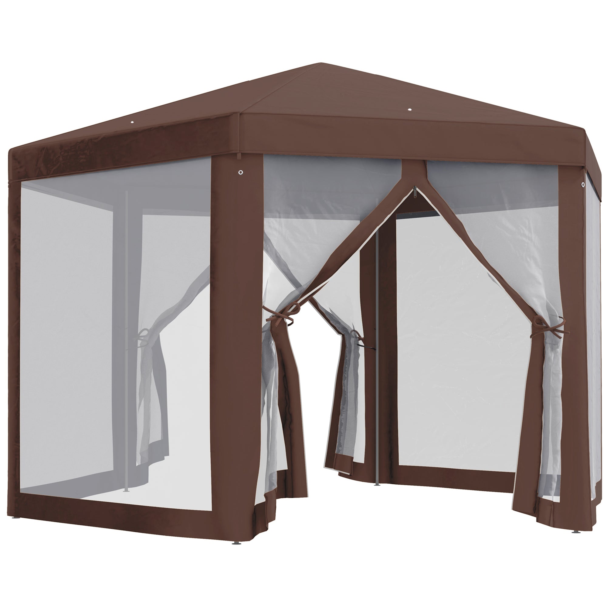 Hexagonal Garden Gazebo Patio Party Outdoor Canopy Tent Sun Shelter With Mosquito Netting And Zipped Door, Brown