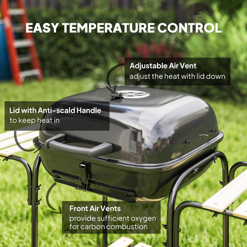 Charcoal Barbecue Grill Portable BBQ Grill With 1840 Cm² Cooking Area, 3 Shelves, Adjustable Vent, Lockable Lid, Wheels For Outdoor Cooking, Garden Party, Black