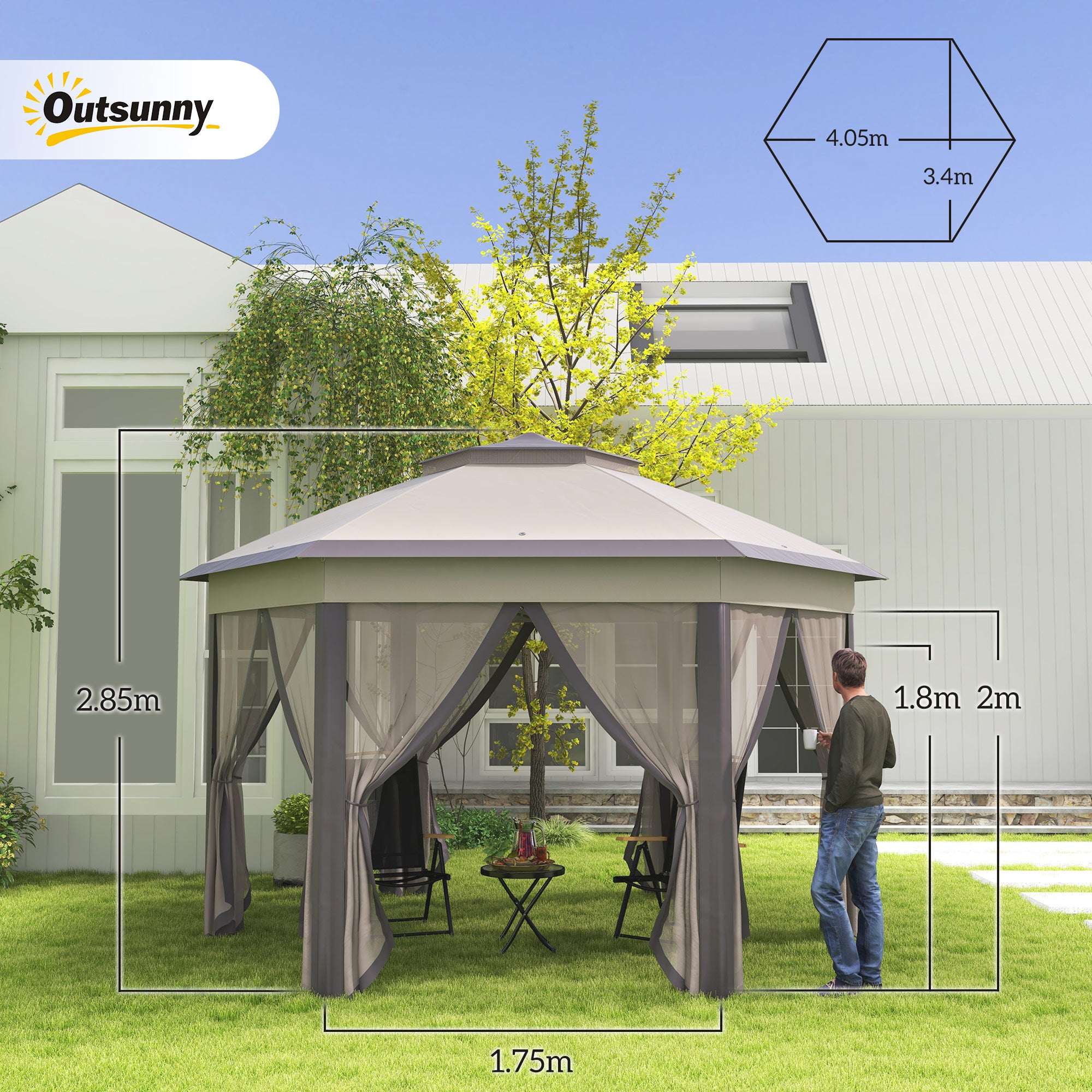 3 X 4m Garden Gazebo Hexagon Pop Up Gazebo Party Tent Canopy Double Roof Instant Shelter With Netting And Carry Bag For Outdoor Patio, Beige