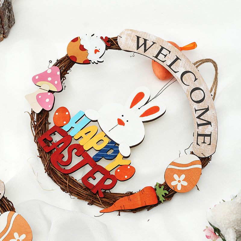 Wooden Rabbit Easter Egg Garland Pendant Wall Hanging Door Hanging
