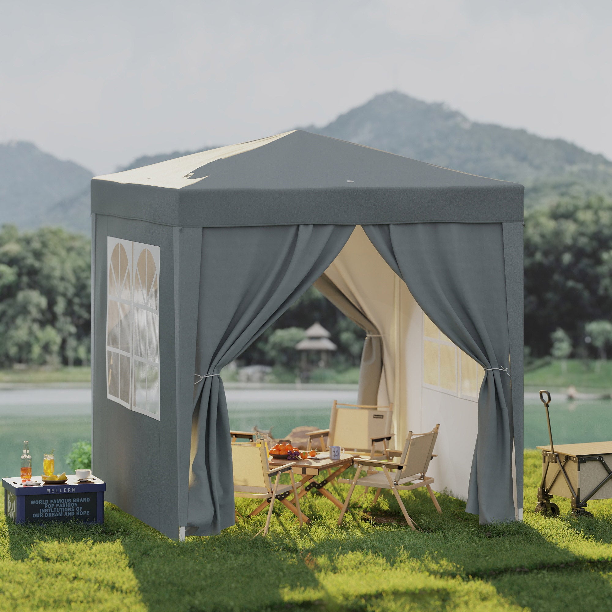 Garden Pop Up Gazebo Marquee Party Tent Canopy With Free Carrying Case, Removable 2 Walls, 2 Windows, 2m X 2m, Grey