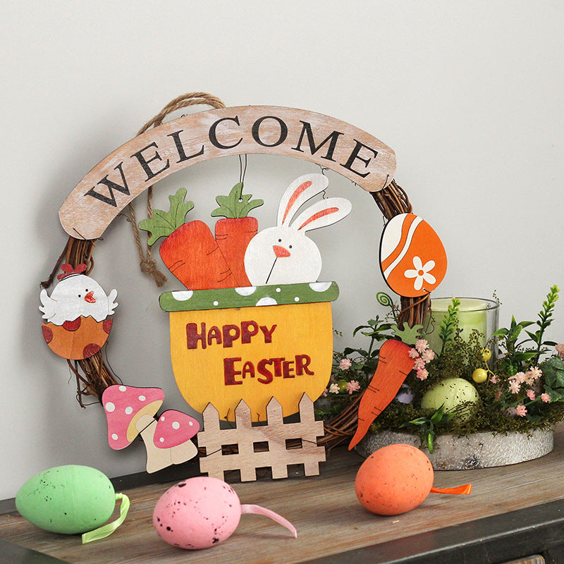 Wooden Rabbit Easter Egg Garland Pendant Wall Hanging Door Hanging