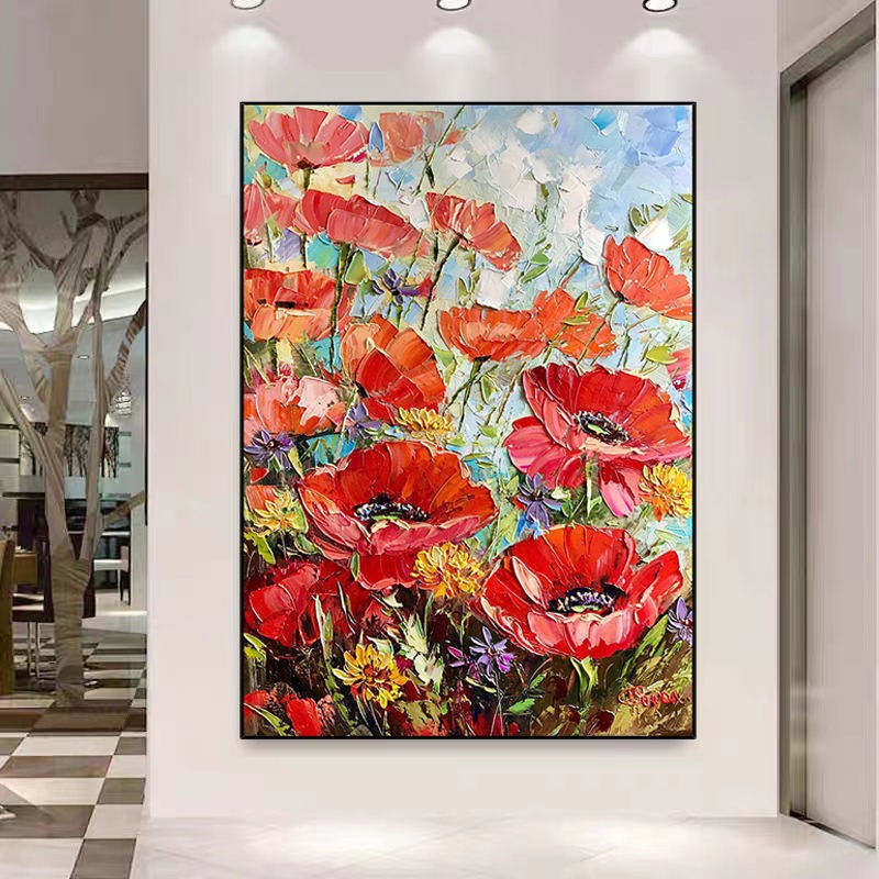 Handmade Painting Thick Oil Red Flowers Artwork Oil Paintings Living Room Canvas Modern Pictures Landscape Wall Art Home Living Room Decor No Framed