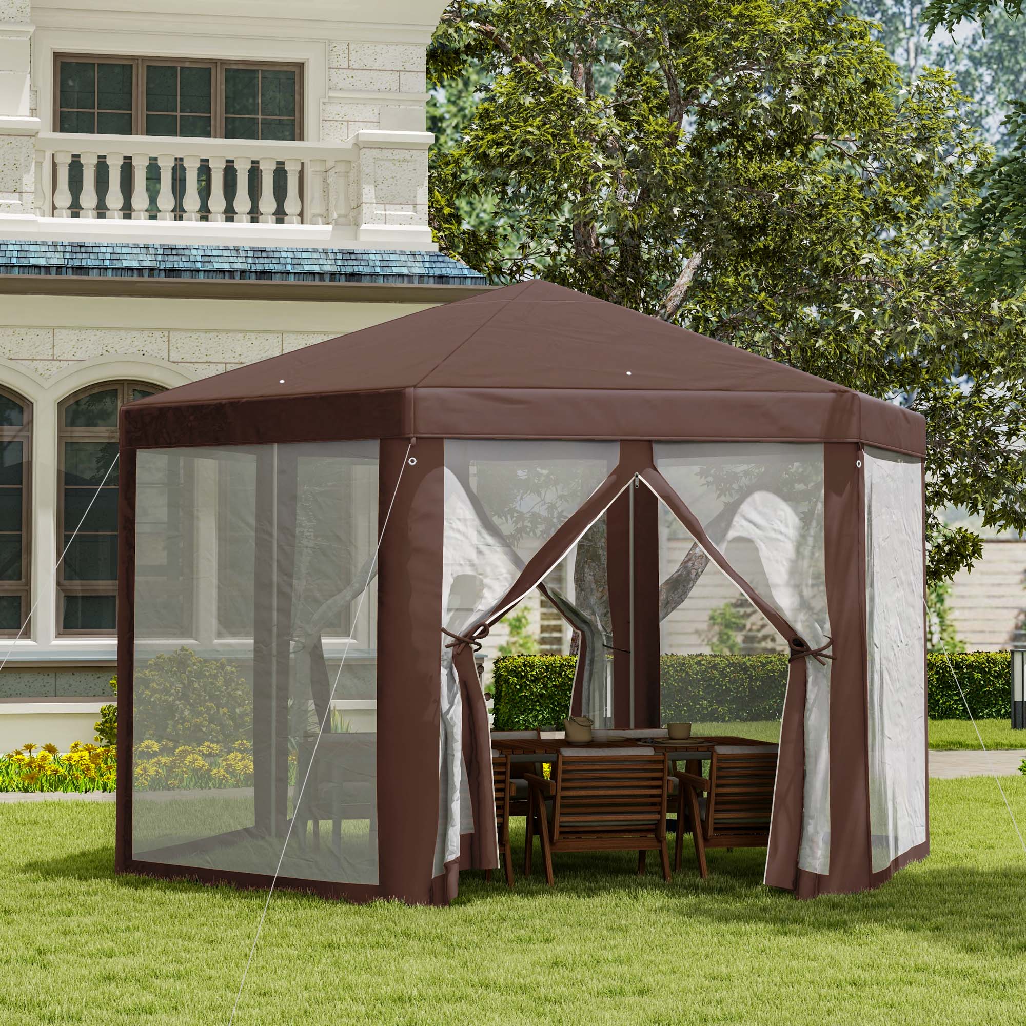 Hexagonal Garden Gazebo Patio Party Outdoor Canopy Tent Sun Shelter With Mosquito Netting And Zipped Door, Brown