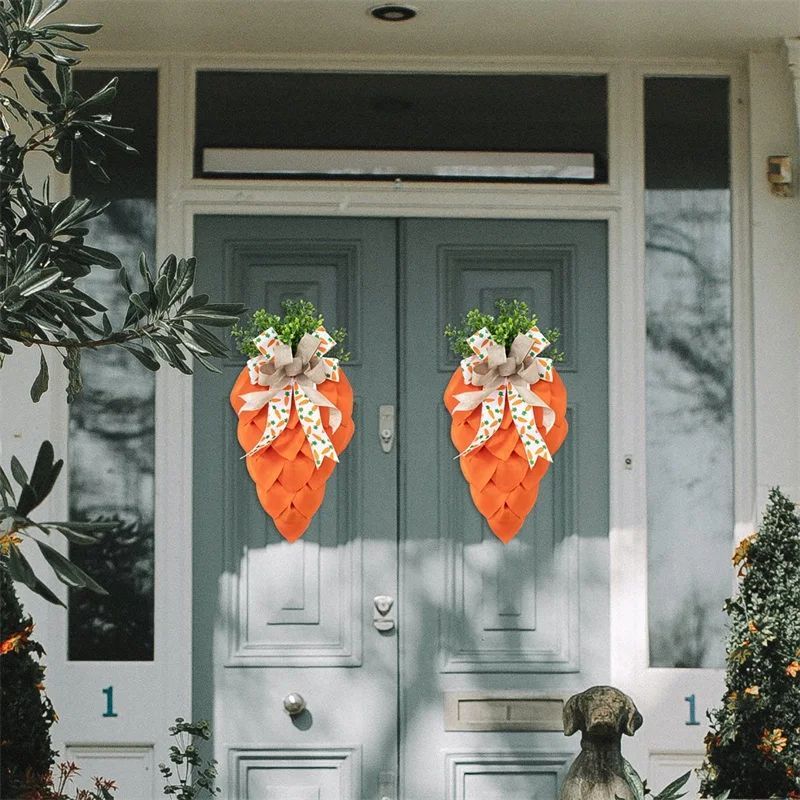 Easter Carrot Wreath Rustic Bow Cloth Wreath Garland With Green Leaves For Front Door Decoration